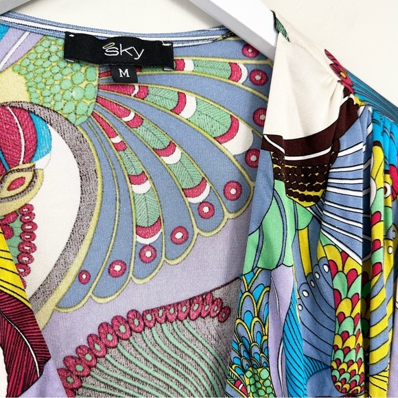 Sky Peacock Print Leather Braided Belt Silk Top - Picture 3 of 9